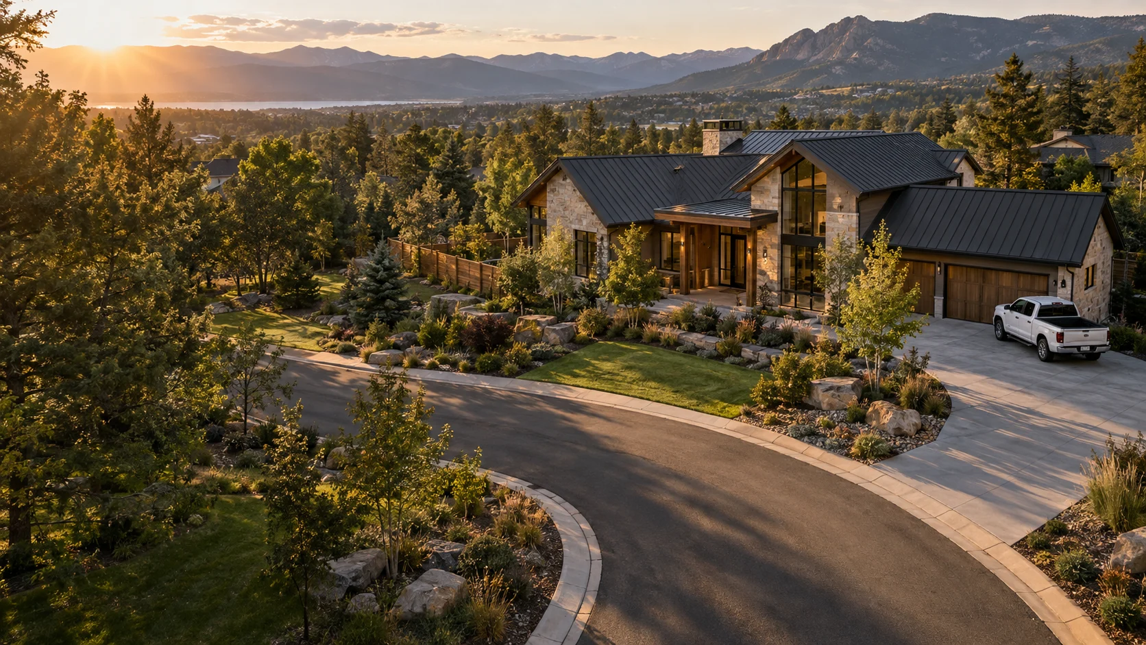Contemporary home and cedar fence in warm evening light